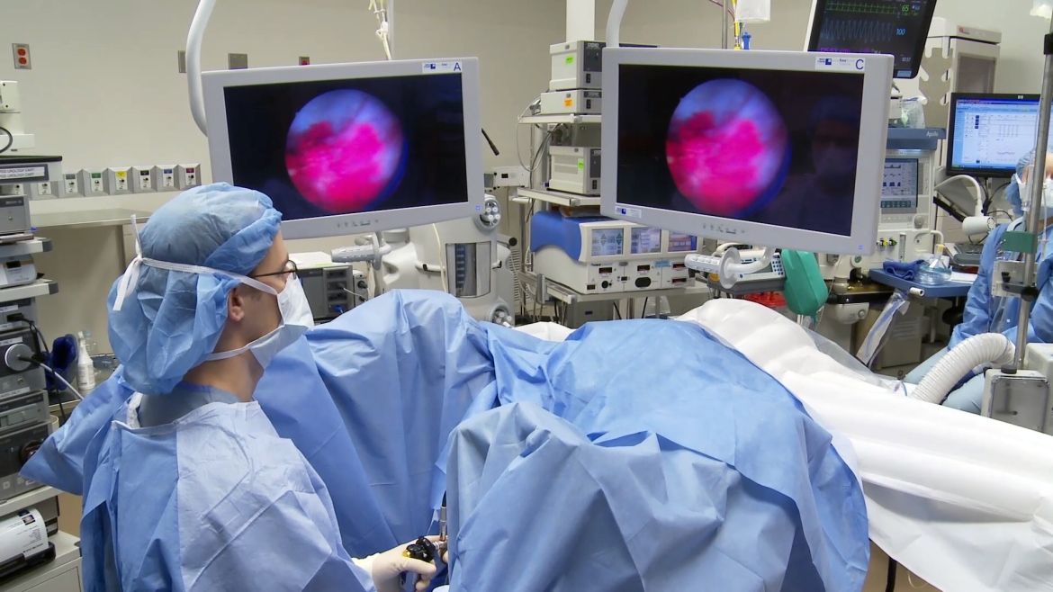 A bladder tumour as seen through a blue light scope.