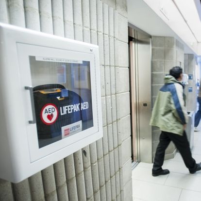 This AED near the Kidd elevators in our main lobby is one of four installed around KGH