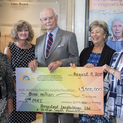 Susan Creasy, UHKF Campaign Chair (R) accepts a $3 million cheque from Francine Moore, President Homestead Land Holdings, Kathryn Mellon, Board of Directors Britton Smith Foundation, Brit Smith, Executive Chairman, Homestead Land Holdings and Sheila Bayne, Board of Directors Britton Smith Foundation