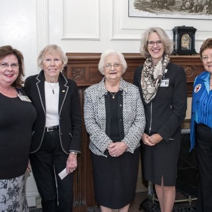(From left) VP People Services and Organizational Effectiveness Shannon Graham, Volunteer Marion Atack, Volunteer Shirley Abramsky, CEO Leslee Thompson and Auxiliary President Jennie Raymond at a special service recognition event
