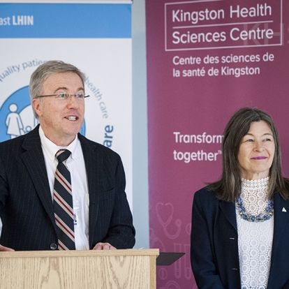 KHSC President and CEO Dr. David Pichora and MPP Kiwala speak to the media