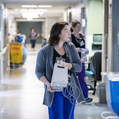 Joan Hunt, Equipment Coordinator with the Clinical Engineering team out on an inpatient unit overseeing the exchange portion of the deployment.