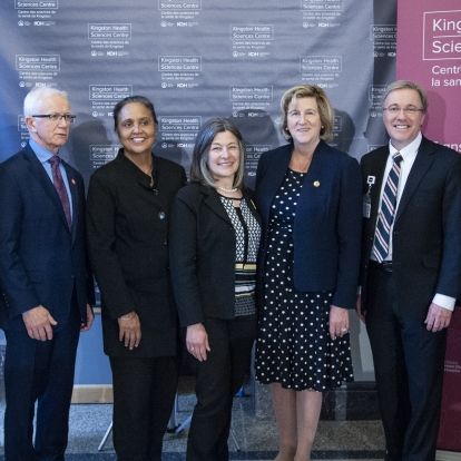 (L to R) Providence Care Board Chair Brian Devlin, SELHIN CEO Paul Huras, SELHIN Board Chair Hersh Sehdev, MPP Sophie Kiwala, Minister Helena Jaczek, KHSC CEO Dr. David Pichora, KHSC Board Chair David O'Toole