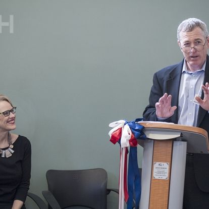 Interim President and CEO, Jim Flett addresses KGH staff during a brief farewell event at KGH.