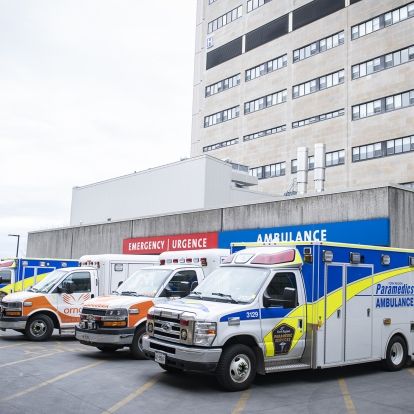 Ambulance's from various regions parked on the Emergency Department off-load ramp