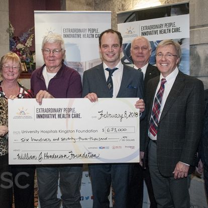 (L to R) Cathy Szabo, President and CEO of Providence Care, Susan Creasy, Chair of the Extraordinary People Innovative Healthcare Campaign, David Pattenden, Chair of the W.J. Henderson Foundation, Dr. Ben Glover, Chief of the heart rhythm service at KHSC, Kirk Corkery, Vice-Chair of the KHSC Board of Directors, Dr. David Pichora, President and CEO of KHSC, Denise Cumming, President and CEO of the UHKF