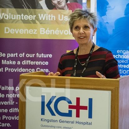 Providence Care President and CEO Cathy Szabo thanks MPP Kiwala on behalf of Kingston's hospitals