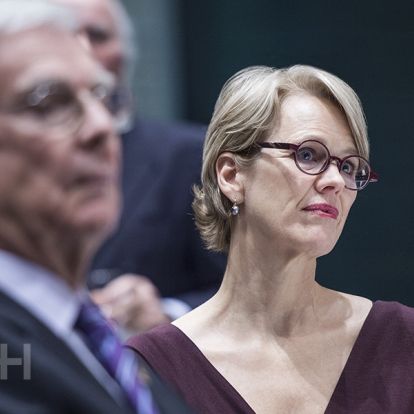 Leslee Thompson looks on during the speeches.