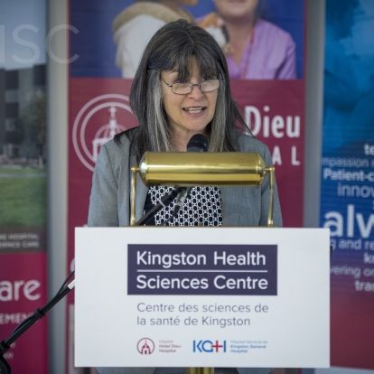 Kingston and the Islands MPP Sophie Kiwala speaking to the media and guest during the funding announcement.