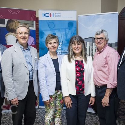 (L to R) KHSC Board Chair David O'Toole, KHSC CEO Dr. David Pichora, Providence Care CEO Cathy Szabo, MPP Sophie Kiwala, Providence Care Board Chair Brian Devlin, SELHIN Interim Board Chair Chris Salt