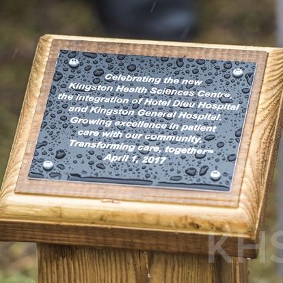 A plaque marks the spot in City Park where a tree will be planted to mark the integration of KGH and Hotel Dieu