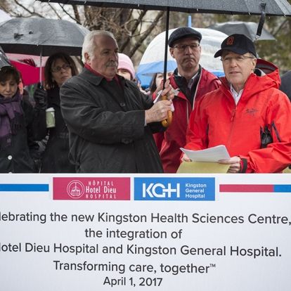 (L to R) Patient Experience Advisor Josef Amann, KHSC Board Chair David O'Toole and KHSC CEO Dr. David Pichora speak during a celebration marking the HDH and KGH integration in City Park on March 31, 2017