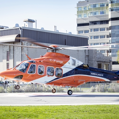 An Ornge air ambulance lands at the KGH site