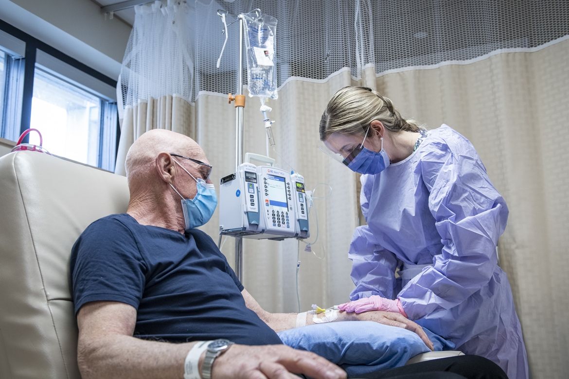 A patient with cancer receiving treatment at KHSC.