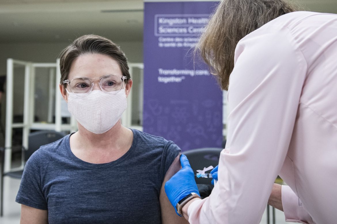 anette Isaac, a registered nurse at Extendicare in Kingston, was the first long-term care worker in the region to receive the COVID-19 vaccine.