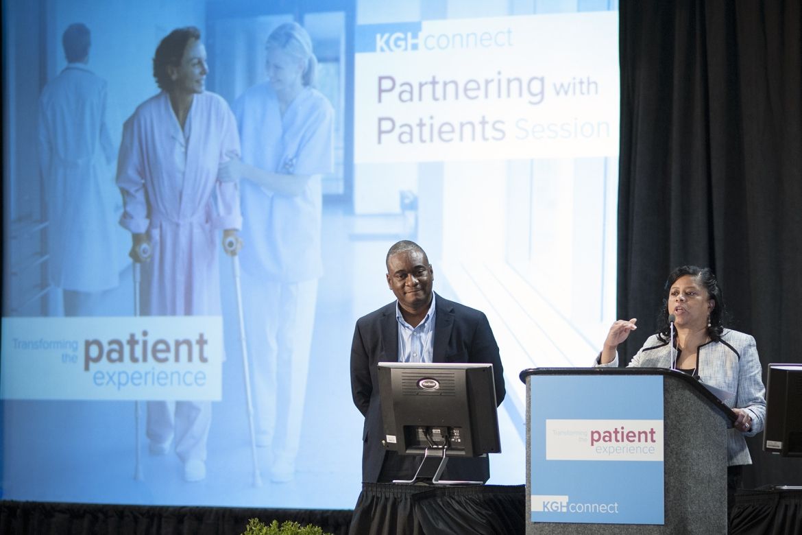 Roslyn Marshall (R) and Anthony Bernard Roberson (L) from Georgia Regents Health System  speak to delegates at the KGHConnect 2013 Knowledge Exchange: Transforming the Patient Experience hosted by Kingston General Hospital in Kingston, Ontario, Canada.
