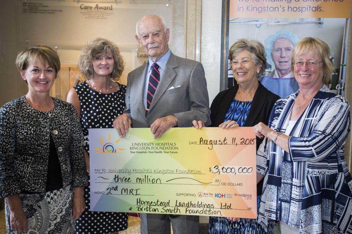 Susan Creasy, UHKF Campaign Chair (R) accepts a $3 million cheque from Francine Moore, President Homestead Land Holdings, Kathryn Mellon, Board of Directors Britton Smith Foundation, Brit Smith, Executive Chairman, Homestead Land Holdings and Sheila Bayne, Board of Directors Britton Smith Foundation