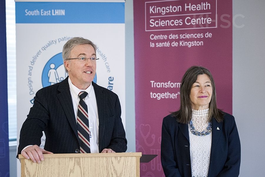 KHSC President and CEO Dr. David Pichora and MPP Kiwala speak to the media