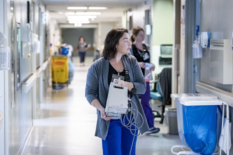 Joan Hunt, Equipment Coordinator with the Clinical Engineering team out on an inpatient unit overseeing the exchange portion of the deployment.