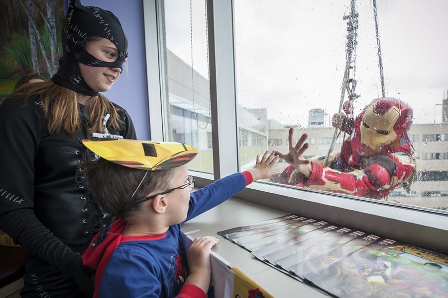 Superheroes from Elite Window Cleaning bring smiles to our youngest patients at our KGH site.