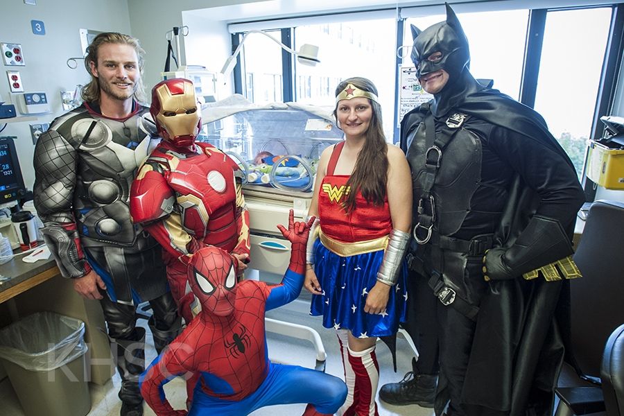Superheroes from Elite Window Cleaning bring smiles to our youngest patients at our KGH site.