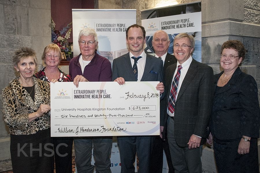 (L to R) Cathy Szabo, President and CEO of Providence Care, Susan Creasy, Chair of the Extraordinary People Innovative Healthcare Campaign, David Pattenden, Chair of the W.J. Henderson Foundation, Dr. Ben Glover, Chief of the heart rhythm service at KHSC, Kirk Corkery, Vice-Chair of the KHSC Board of Directors, Dr. David Pichora, President and CEO of KHSC, Denise Cumming, President and CEO of the UHKF