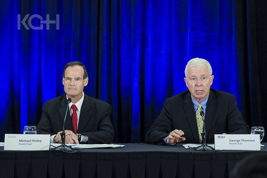 Hotel Dieu Board Chair Michael Hickey (L) and KGH Board Chair George Thomson (R) speak to the media during the announcement press conference