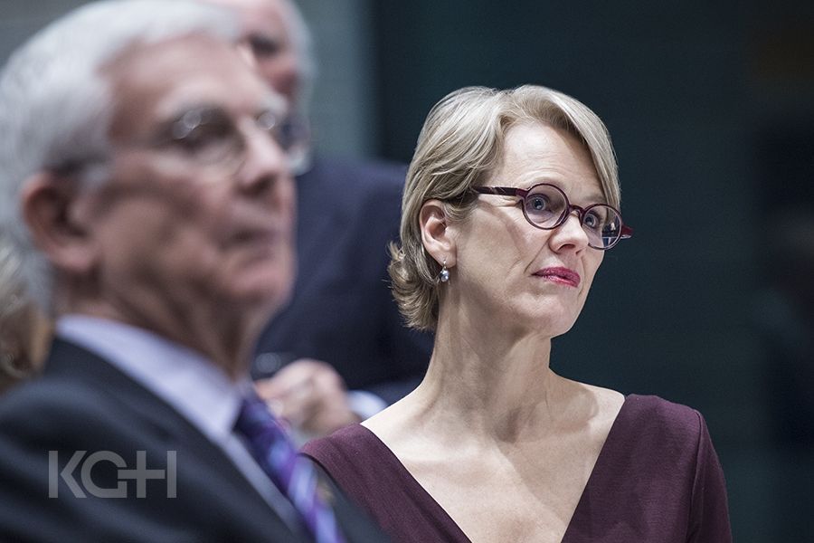 Leslee Thompson looks on during the speeches.