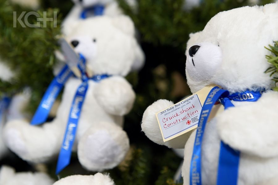 Teddy bears hang on the Christmas Tree in the Watkins Lobby