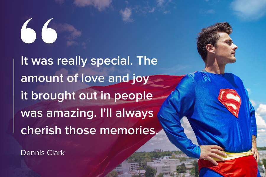 People of KHSC: Dennis Clark Dennis Clark is pictured standing on the roof at the KGH site. He’s dressed head to toe as Superman, with a long red cape.