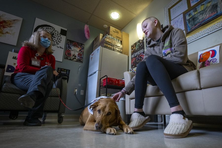 People of KHSC - Julie Halle + Doc Julie Halle and Dog interact with a KHSC patient. Doc is lying on the ground, while the patient is sitting on a couch petting him, while talking to Julie who is sitting opposite her on a different chair.
