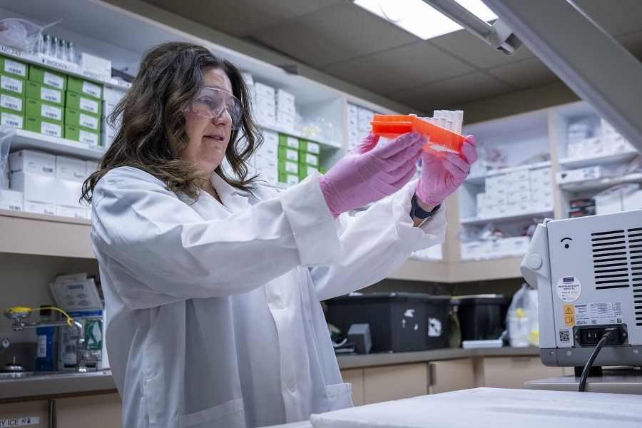 Clinical trials team member works in lab