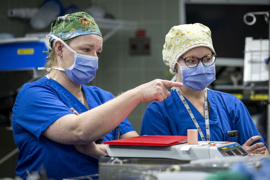 Tammy Richards is standing in the OR next to a surgeon, while pointing at something. She’s wearing blue scrubs, a mask and a scrub cap.