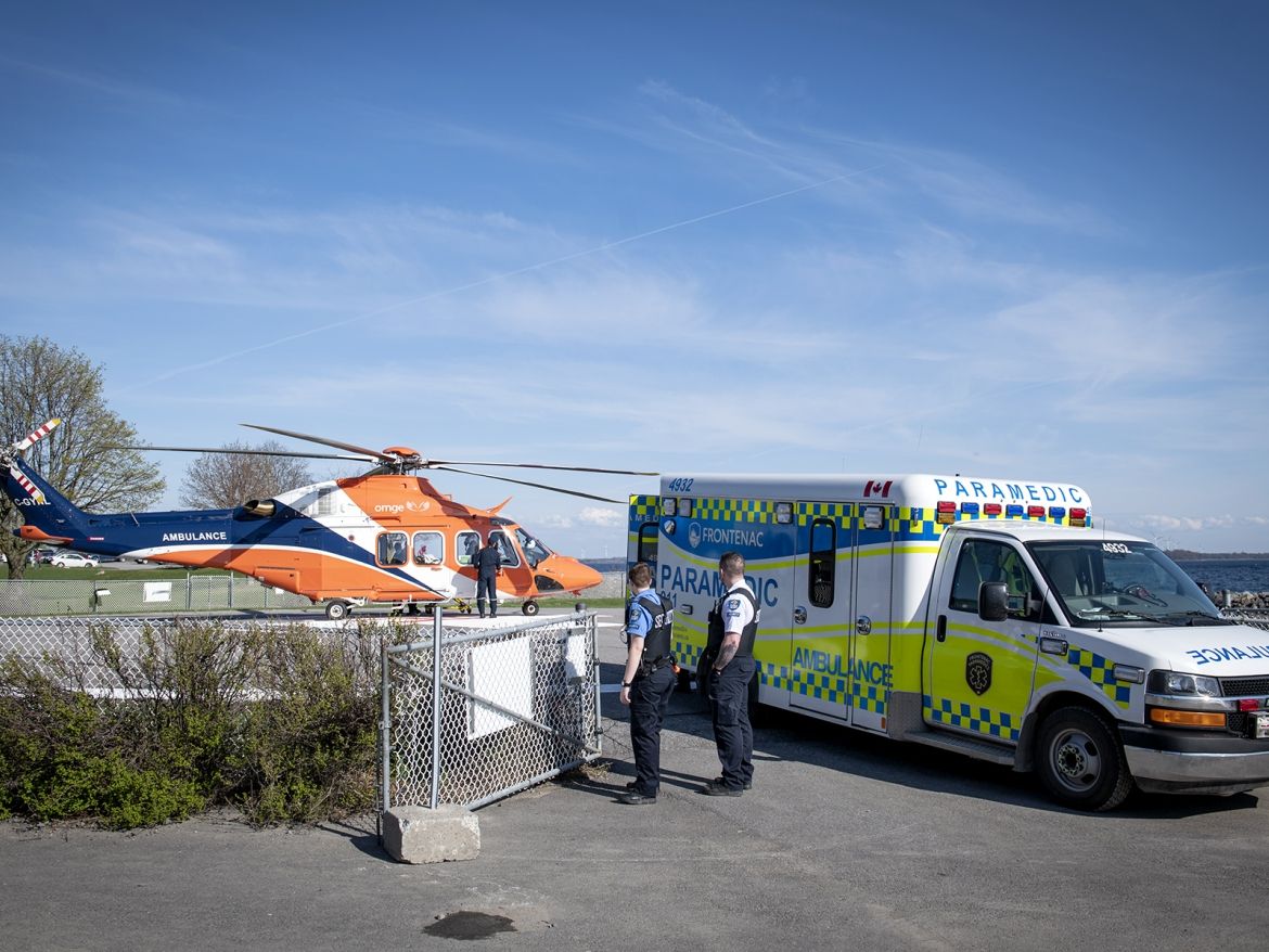 Ornge helicopter at the helipad at KHSC