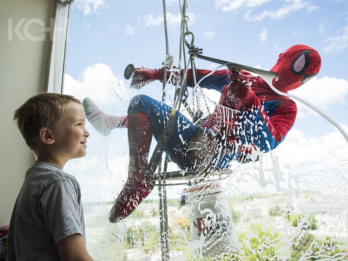 Spiderman makes a special appeareance on the exterior window of the pediatrics floor.